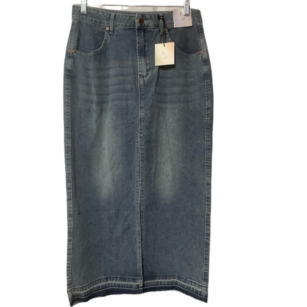 Happily Gray Denim High Front Slit Midi Light Weight Wash Raw Hem Size 11/29